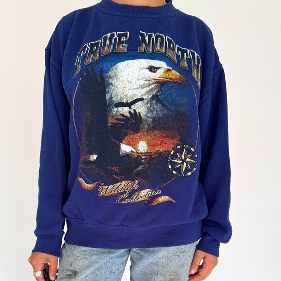 90s vintage blue bald eagle True North wildlife graphic pullover sweatshirt - Picture 2 of 6